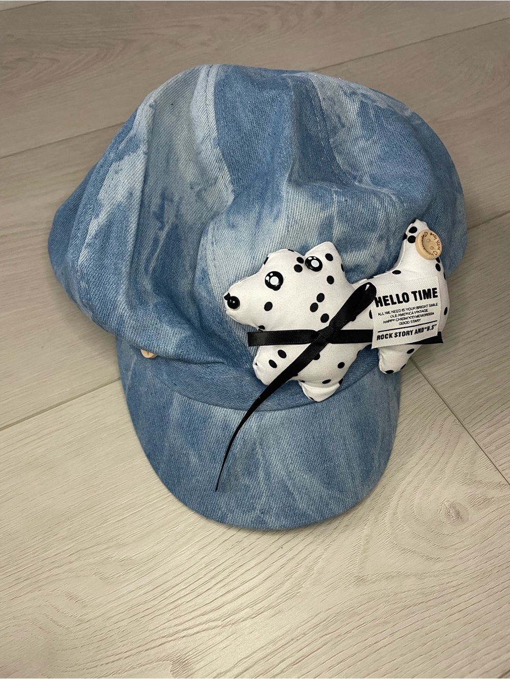 Blue Denim Pageboy Cap with Plush Bear Accent
